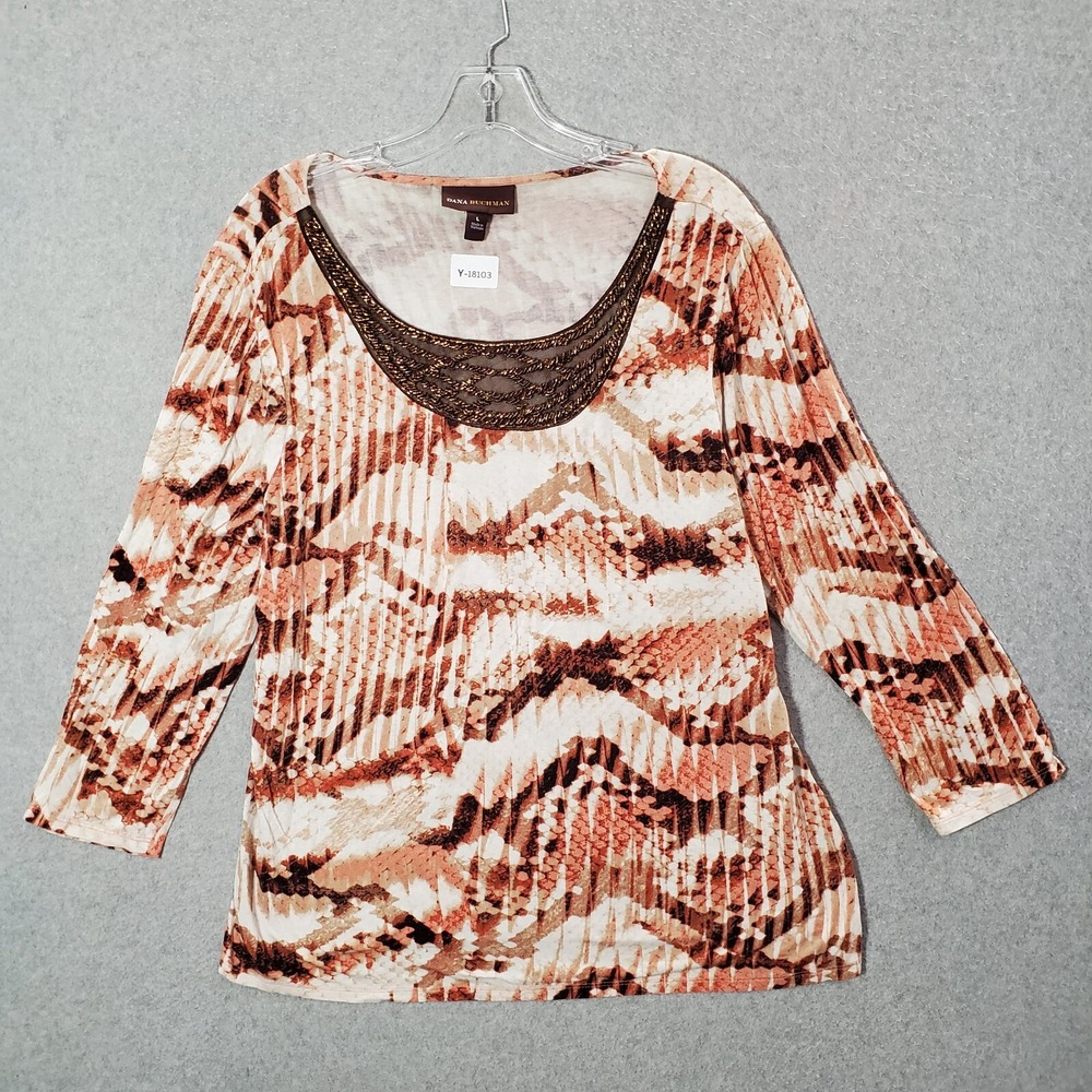 Dana‎ Buchman Women Top Large Brown Snakeskin Print Blouse 3/4 Sleeve Scoop Neck